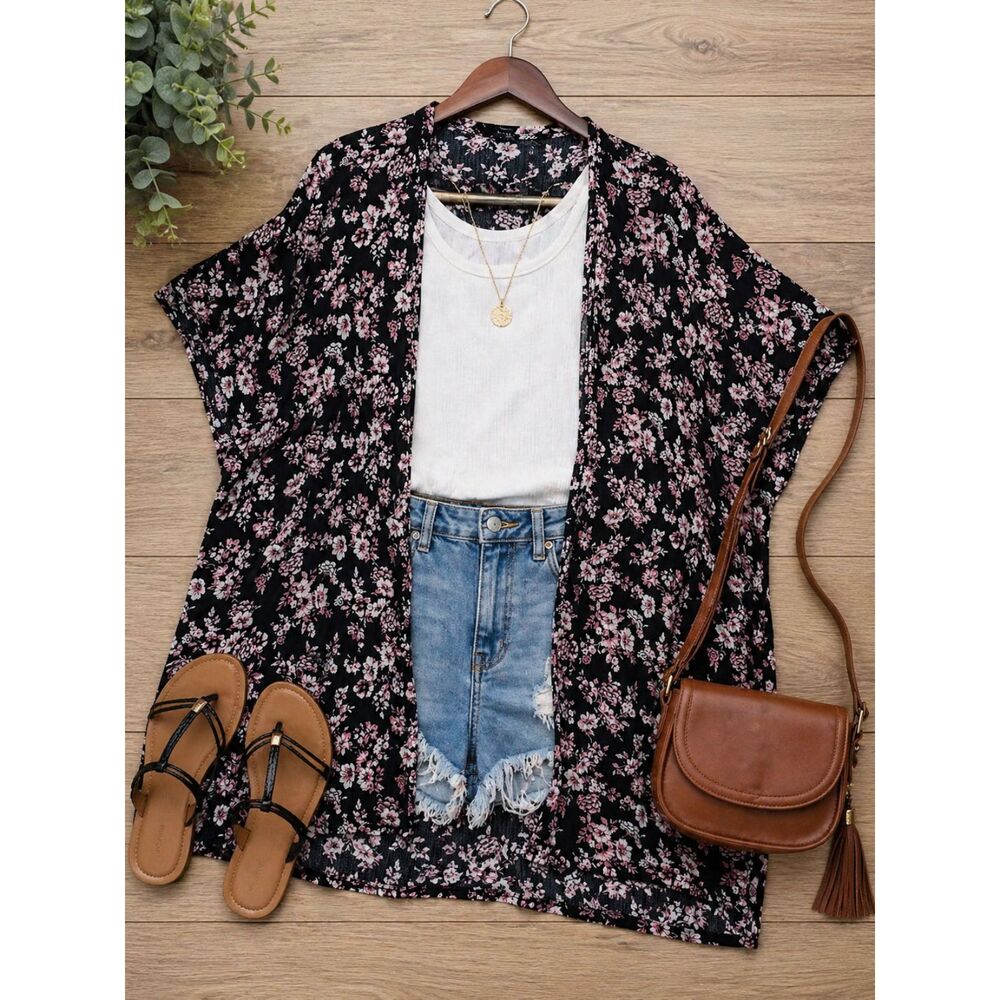 Forever 21 Floral Kimono Small Black Pink Boho Festival Cover Up